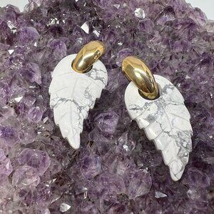 Vintage 80s Large Faux Gold Marble Stone Leaf Dangle Earrings Statement Retro